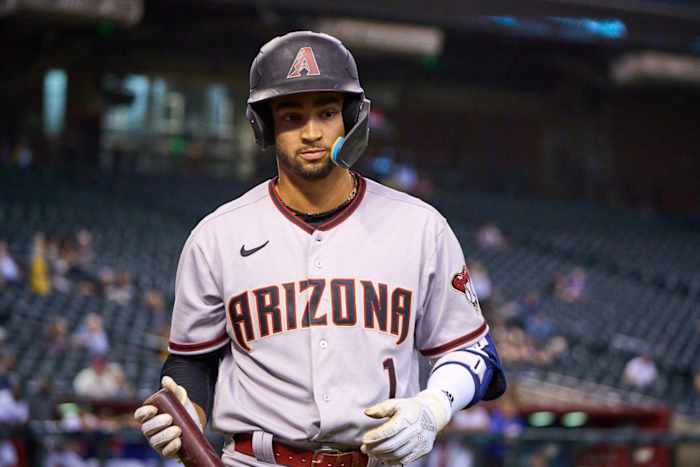 Oct 15, 2022; Phoenix, AZ, USA; Salt River Rafters infielder Jordan Lawlar (1) walks away from home plate after striking out against the Surprise Saguaros at Chase Field. Mlb Dbacks Fall League Prospects